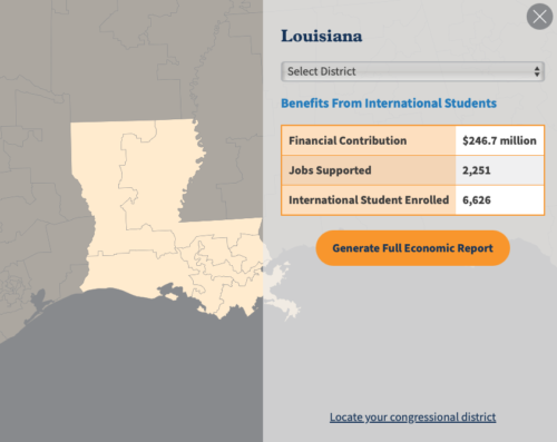 screenshot of Louisiana from NAFSA International Student Economic Value Tool