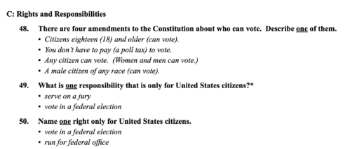 screen shot of naturalization test questions for Gasparian Spivey Immigration