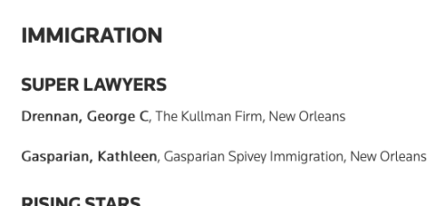 screen shot of Super Lawyers announcement for Gasparian Spivey Immigration