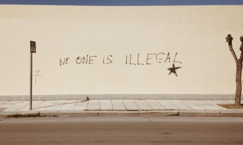 photo of graffiti that reads "No on is illegal" by Mike Guziuk