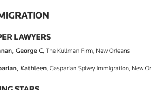 screen shot of Super Lawyers announcement for Gasparian Spivey Immigration